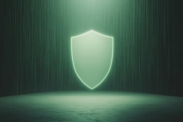 digital shield with glowing edges hovering in dark futuristic background filled with abstract data streams