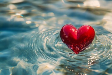 Fototapeta premium A vibrant red heart rests in rippling water, representing love, emotion, and tranquil beauty in a soothing environment.