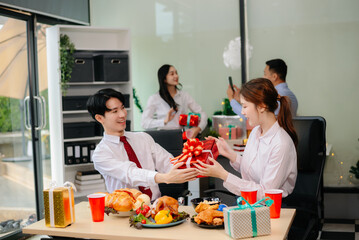 Christmas party! Festive decor, Santa hats, gifts, food, and cheerful coworkers bring joy and togetherness this holiday season