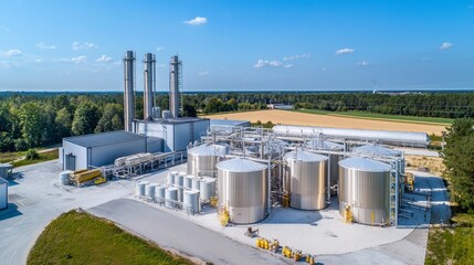 Obraz premium Efficient Energy Production: Multiple fermentation tanks connected through insulated pipes, smoke-free chimneys in the background.