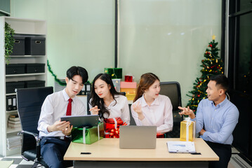 Christmas party! Festive decor, Santa hats, gifts, food, and cheerful coworkers bring joy and togetherness this holiday season