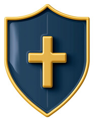 Shield emblem featuring a gold cross isolated on transparent background.