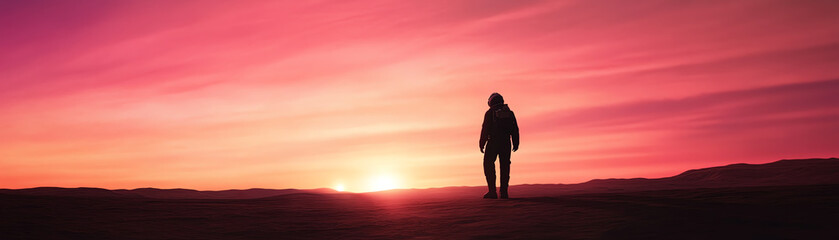 Obraz premium A silhouette of a person walking towards a stunning sunset in a tranquil landscape.