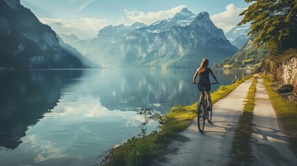 A young woman biking on a serene lakeside path, with a calm lake and mountains