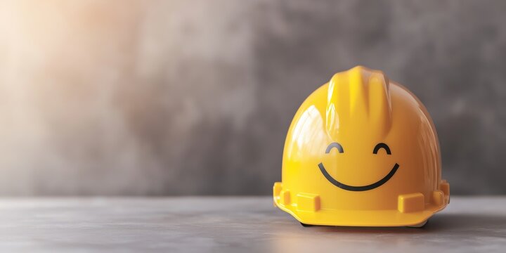 A vibrant yellow hard hat adorned with a smiling face, symbolizing positivity and safety in the construction environment, promoting a fun and engaging work atmosphere.