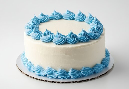 Delicious white cake with blue icing swirls on the top and bottom, perfect for celebrations, birthdays, and special occasions, showcasing a mouthwatering design.