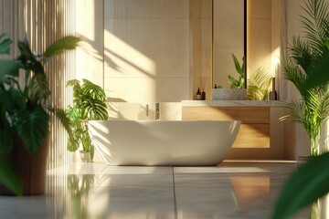 modern bathroom with natural light and greenery