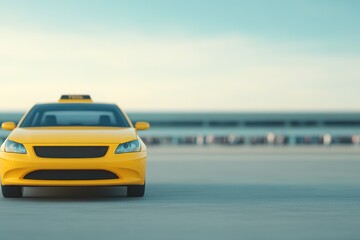 yellow taxi approaching modern airport terminal with travelers blurred in background
