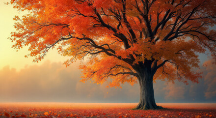 A Majestic Autumn Tree with Beautiful and Vibrant Orange Leaves in a Tranquil Setting