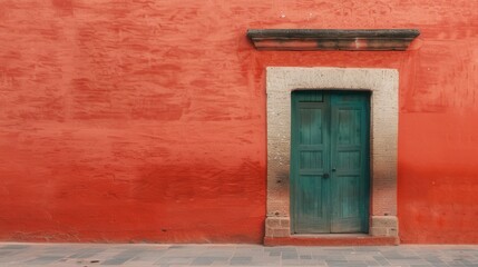 Vibrant Red Wall with Weathered Wooden Door