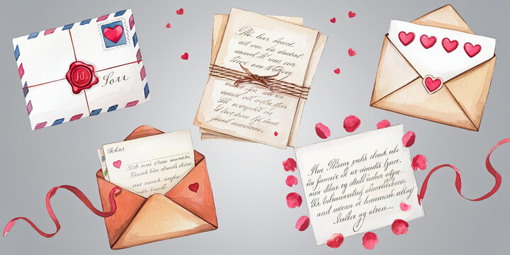 Naklejki Romantic Watercolor Love Letters Envelopes Hearts Rose Petals Vintage