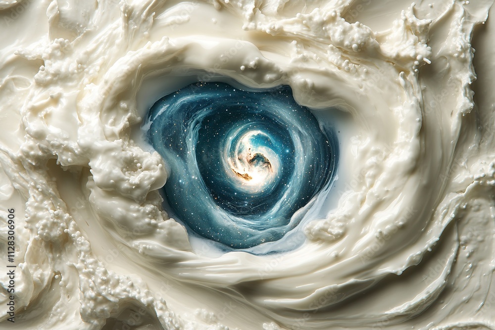 Wall mural top down view of close-up of milk bottle with galaxy swirling inside instead of milk set on neutral 