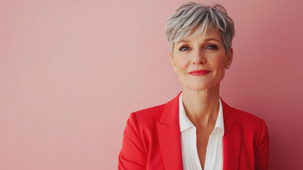 Portrait of a middle-aged woman with a pixie haircut, wearing a red blazer and white blouse, standing confidently against a soft pink background, modern and bold