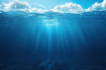 Obraz premium Underwater scene with light rays and ocean floor.