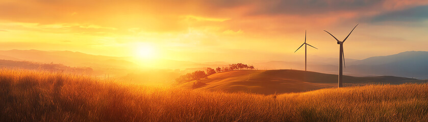 Fototapeta premium Sunrise over grassy hills with wind turbines silhouetted against the colorful sky.