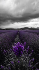 Obraz premium A grayscale field of lavender under a stormy sky, with a single plant vividly purple in the foreground