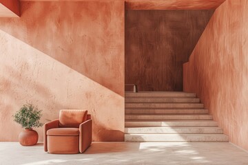 Modern Japandi living room with terra cotta armchair, stucco wall, and steps for a sleek minimalist design