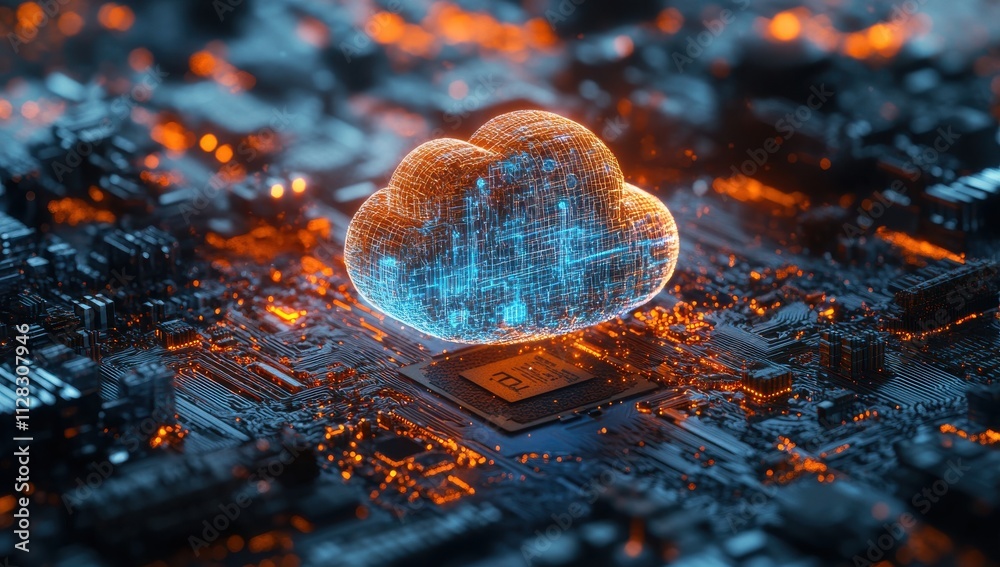 Poster digital cloud computing center surrounded by complex circuitry with glowing elements symbolizing dat