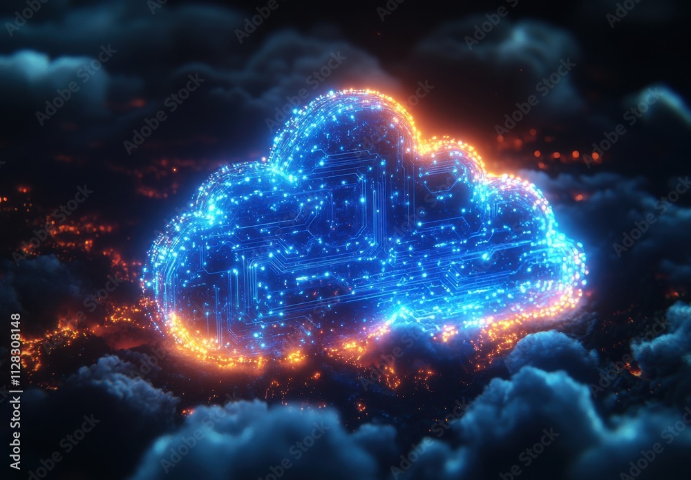 Poster digital cloud computing concept with glowing circuits in a dark sky, representing data storage, tech