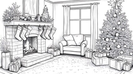 Fototapeta premium A clean white-style image of A cozy living room scene with stockings hanging by the fireplace and presents under the tree, in black-and-white for coloring. 
