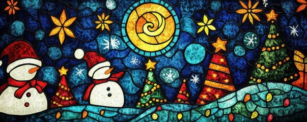 Fototapeta premium Stained glass effect of holiday scenes painted on canvas, Artwork, Classic Festive Style