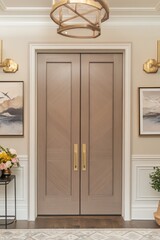 Elegant Entryway with Wooden Double Doors and Chandelier