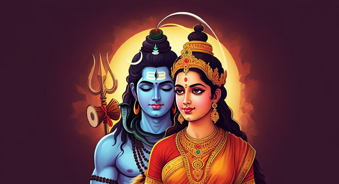 Lord Shiva and Parvati illuminated by a divine glow, embodying their cosmic roles as the destroyer and nurturer