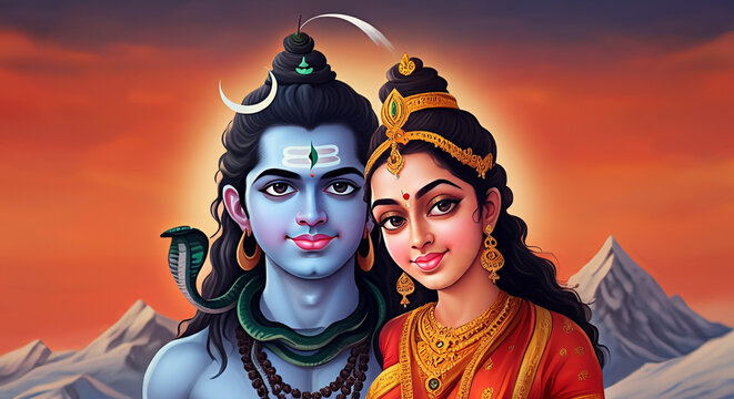 A serene depiction of Lord Shiva and Goddess Parvati, reflecting their spiritual union and the essence of cosmic stability