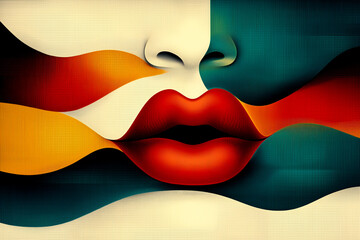 Naklejka premium A colorful painting of a woman's face with a red lip. The painting is abstract and has a vibrant, energetic feel to it