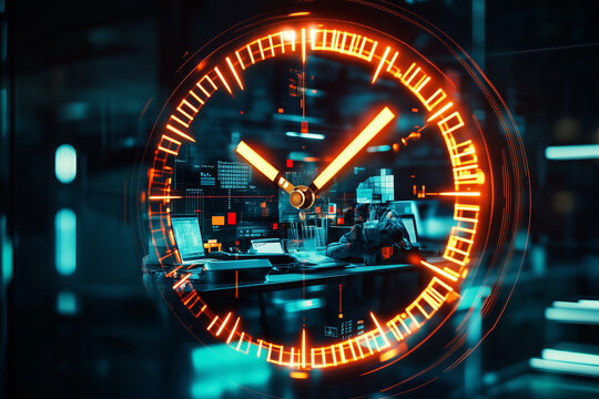 Dynamic glowing clock overlaying a futuristic office environment
