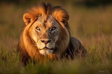Obraz premium majestic lion resting in tall grass during golden hour