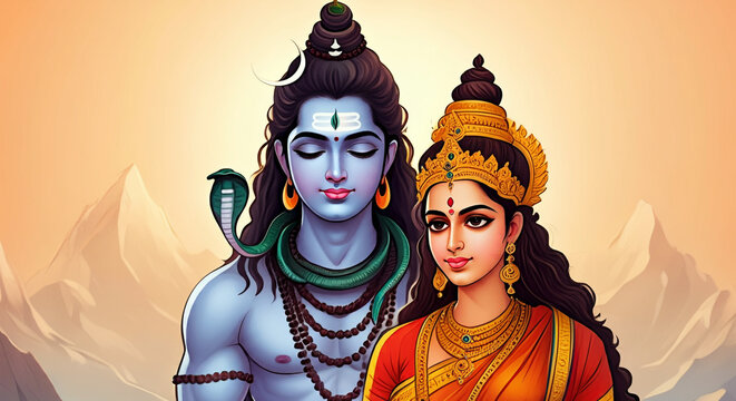 A peaceful depiction of Lord Shiva and Goddess Parvati, radiating divine energy and cosmic balance
