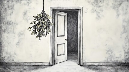 A clean white-style image of A festive line art of mistletoe hanging from a doorway. 