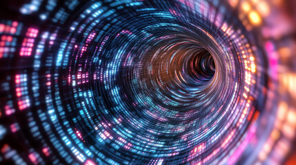 A mesmerizing view of a digital tunnel with vibrant, swirling lights in motion.