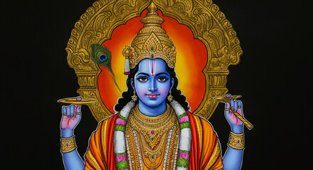 Fototapeta premium A vibrant depiction of Lord Vishnu with a golden crown and peacock feather, symbolizing divine preservation, spiritual wisdom, and cosmic balance