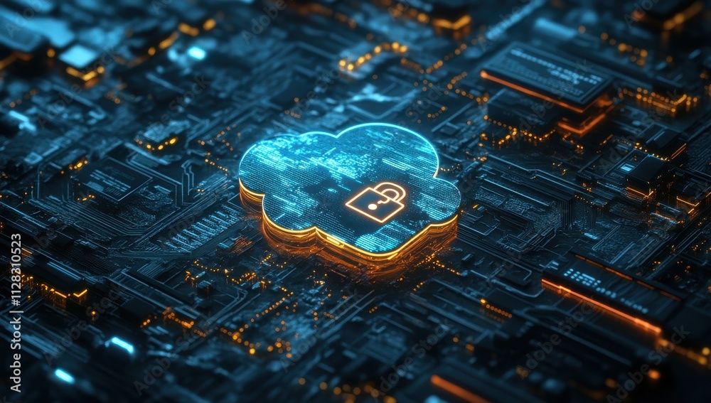 Poster digital representation of a secure cloud storage concept with an illuminated lock symbol amidst a fu