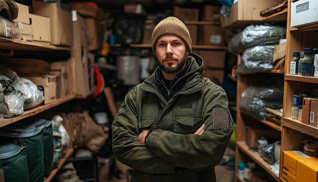 doomsday prepper with stockpiles of supplies in modern bunker