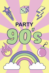 Vintage Poster Party 90s. Multicolored elements on a striped background. Retro illustration with outline in 90s style. Vector illustration.