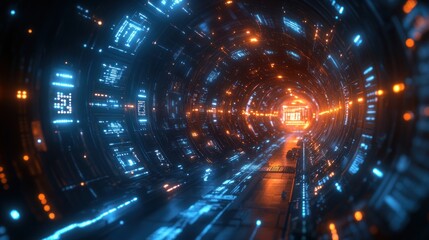 Futuristic glowing tunnel with digital interface elements.