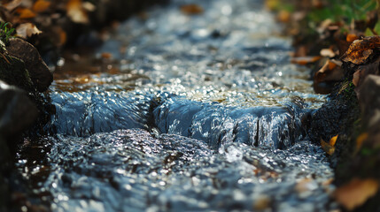 Flowing water in a natural stream surrounded by autumn leaves and vibrant nature.