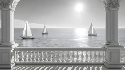 A Peaceful Representation of Sailboats Traversing Calm Waters Under a Clear Sky through an Artistic Balcony Window