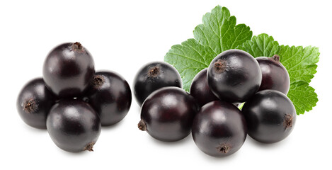 black currant with green leaf isolated on white background. clipping path
