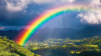 Vibrant Rainbow Arching Across Stormy Sky with Scenic Landscape Below