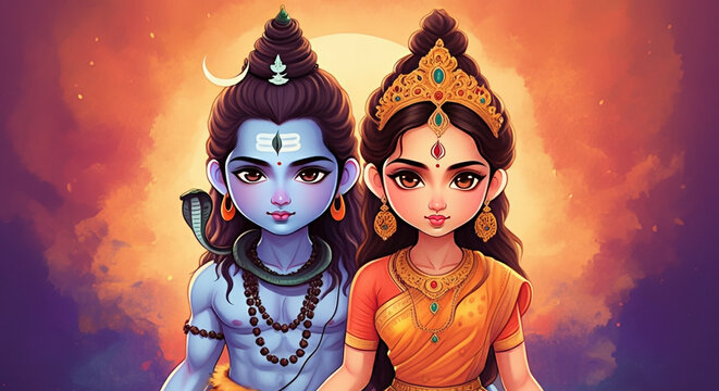 Lord Shiva and Goddess Parvati depicted under a crescent moon with a glowing backdrop, symbolizing cosmic power, unity, and divine serenity