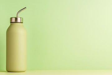 flat lay of reusable water bottle and metal straw on clean background with soft natural shadows
