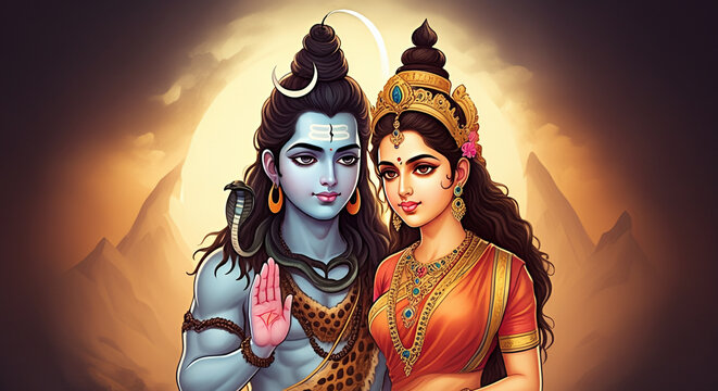 A serene illustration of Lord Shiva and Goddess Parvati with a golden backdrop, symbolizing peace, love, and divine togetherness