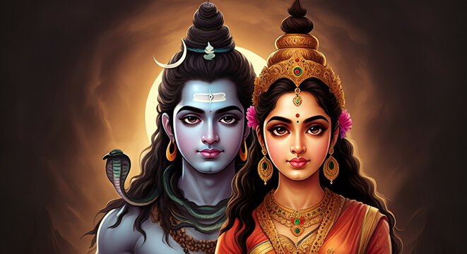 A serene and traditional depiction of Lord Shiva and Goddess Parvati with glowing halos, symbolizing cosmic power, love, and strength