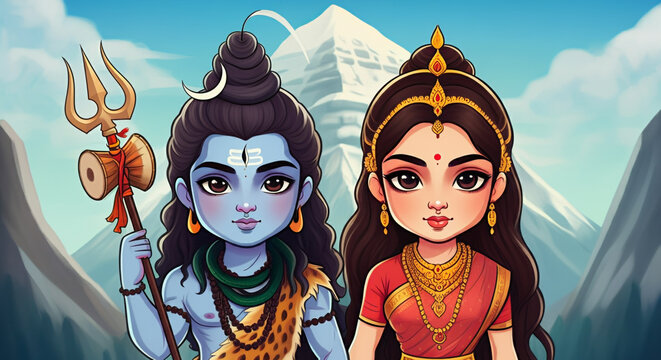 Lord Shiva and Goddess Parvati depicted against a backdrop of snowy mountains, symbolizing serenity, strength, and divine unity