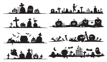 Spooky Halloween graveyard silhouette collection with pumpkins, zombies, bats, and tombstones in eerie settings, perfect for decorations, designs, and spooky themes