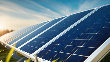 Solar power plant panel close-up view background. Electric solar battery station panels cells. Clean ecological electricity production, renewable energy concept.